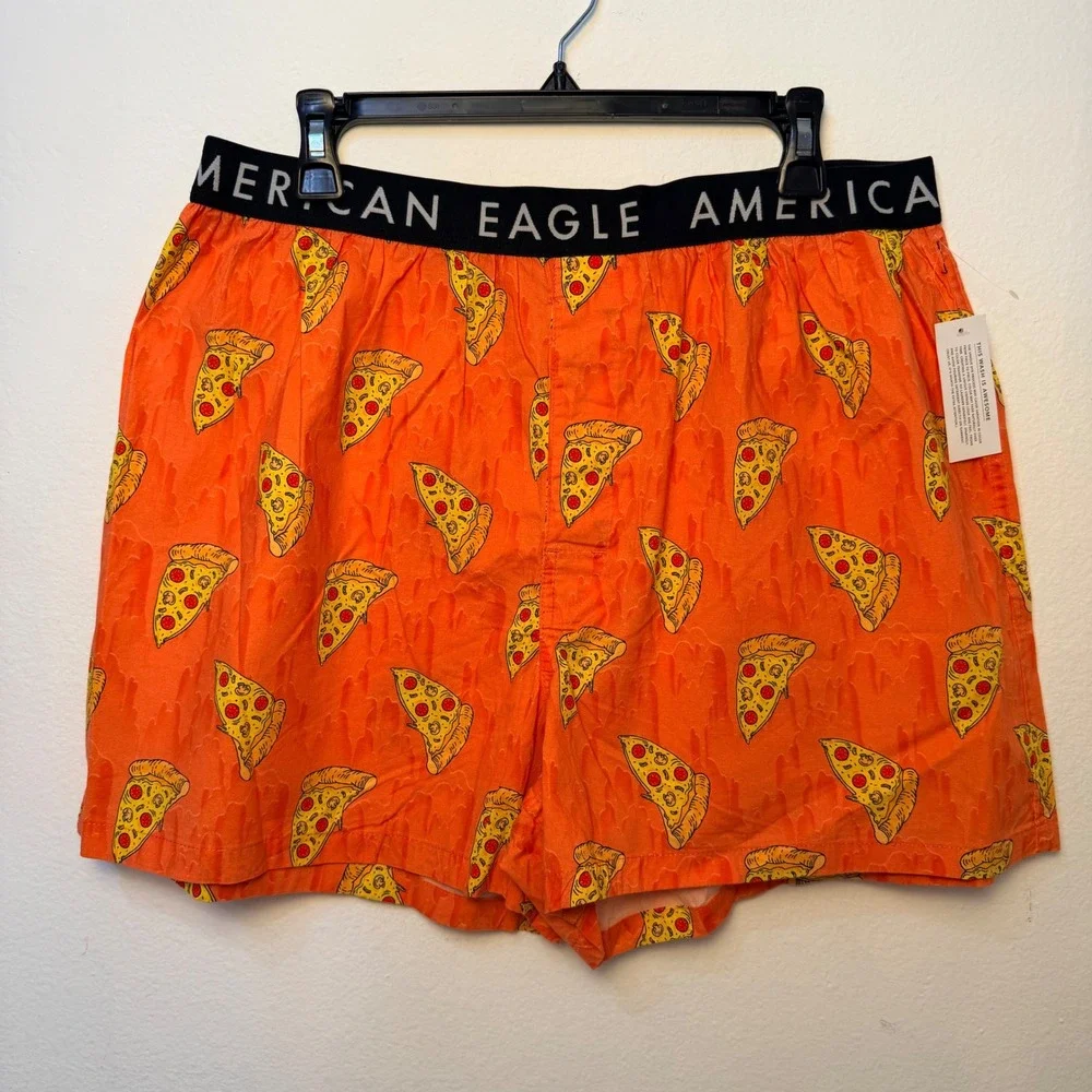American Eagle Mens XL Pizza Print Boxer Shorts Orange Elastic Waistband NEW